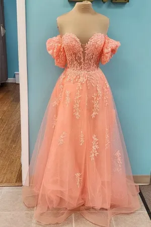 A-line Peach Puff Sleeve Strapless Floral Lace Prom Dress With Puff Sleeves #QWE006