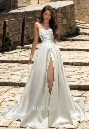 A-Line Sweetheart Sleeveless Wedding Dress High Split Ruched Satin Bridal Dress with Train