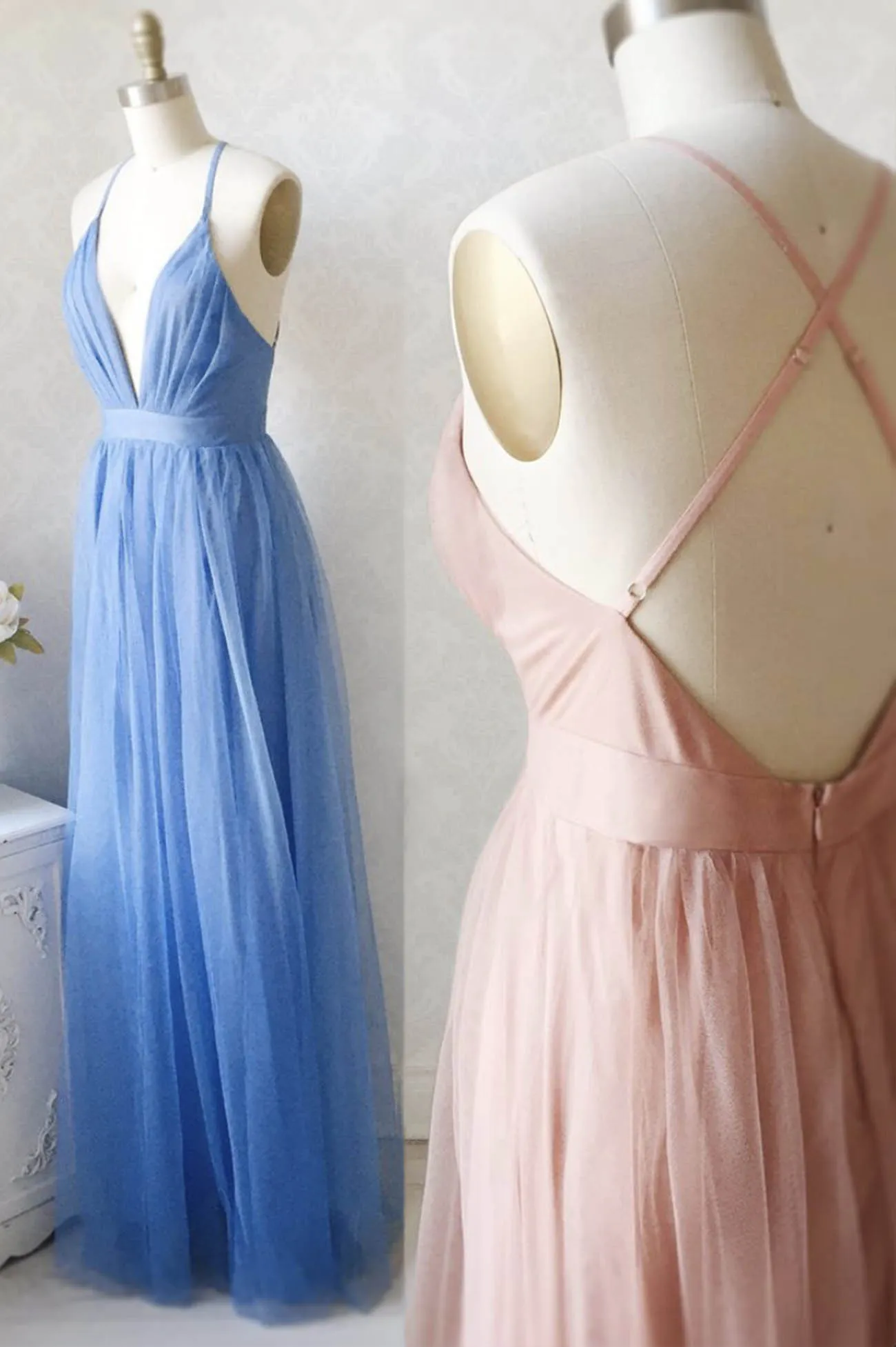 A-Line Tulle Long Prom Dresses Simple V-Neck Party Dresses