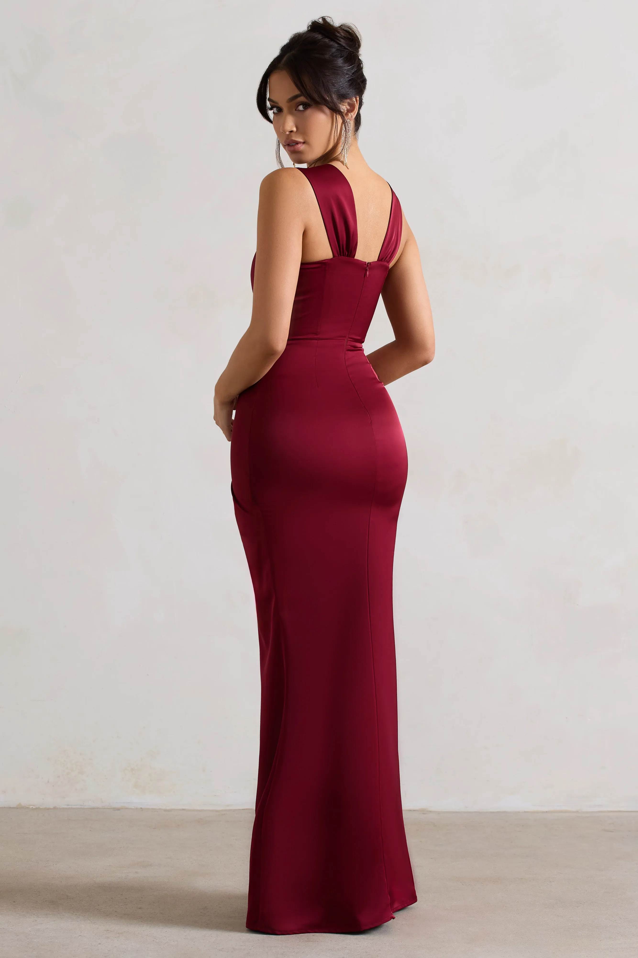 A Romantic | Berry Satin Corset Wrap Maxi Dress