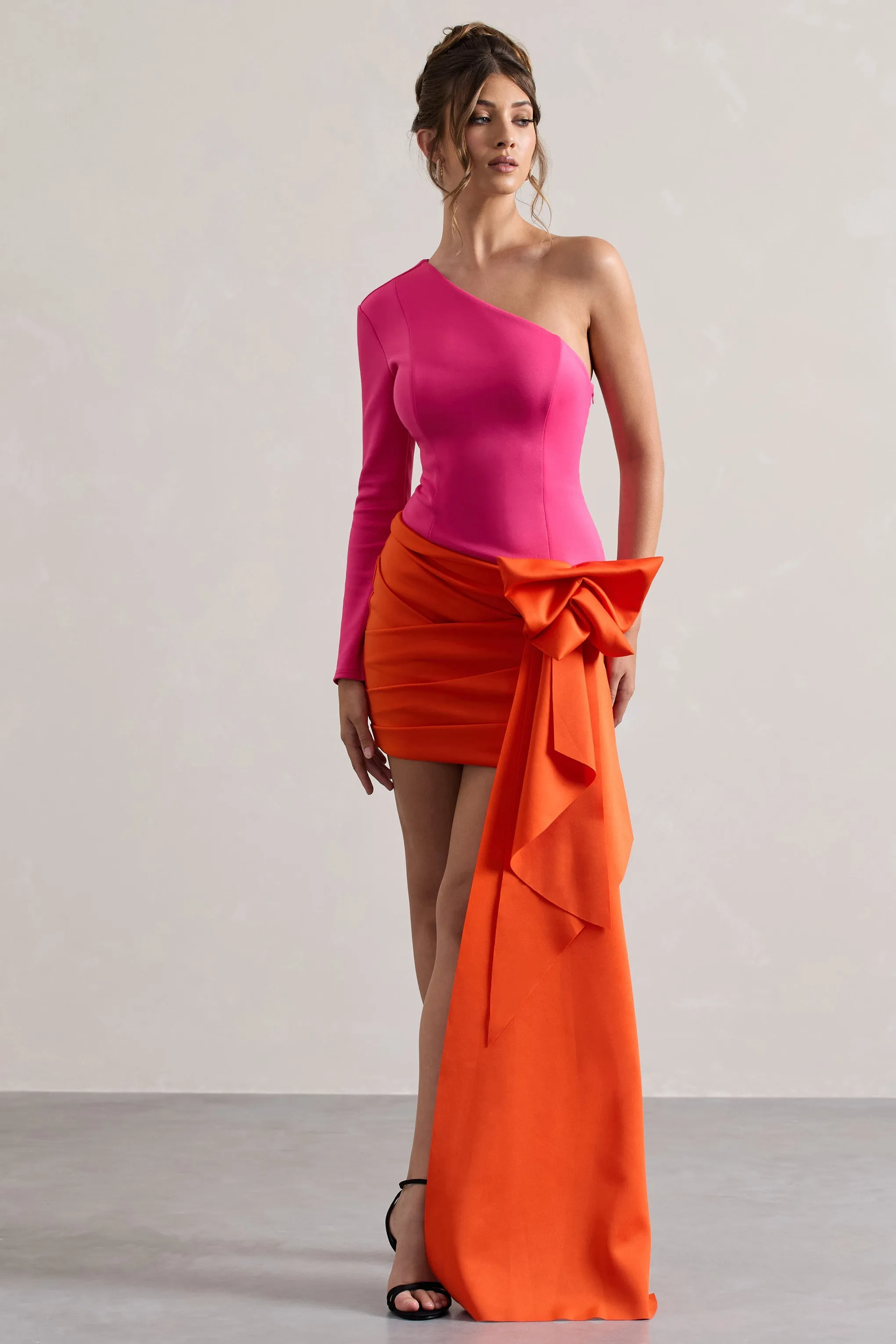 Abstract | Pink & Orange One Shoulder Mini Dress With Side Drape