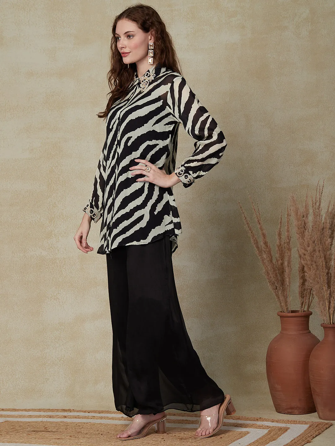 Abstract Printed Stone & Beads Embroidered Shirt with Inner & Palazzo - Black