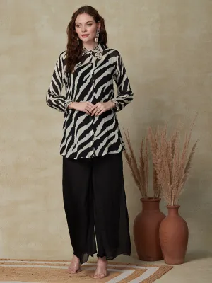 Abstract Printed Stone & Beads Embroidered Shirt with Inner & Palazzo - Black