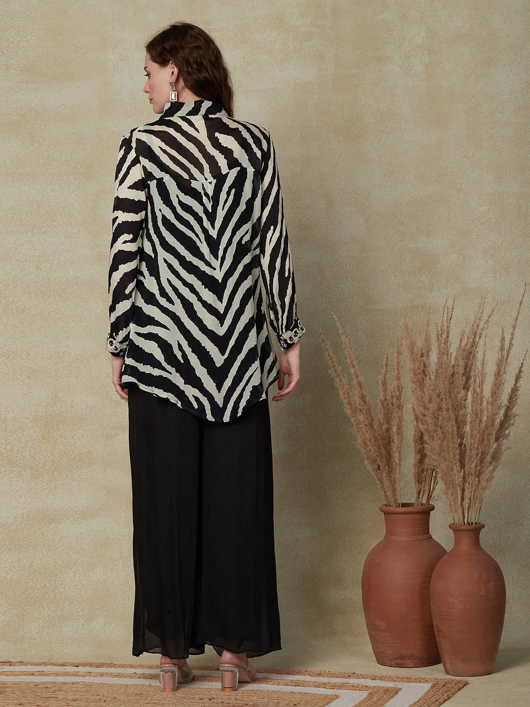 Abstract Printed Stone & Beads Embroidered Shirt with Inner & Palazzo - Black