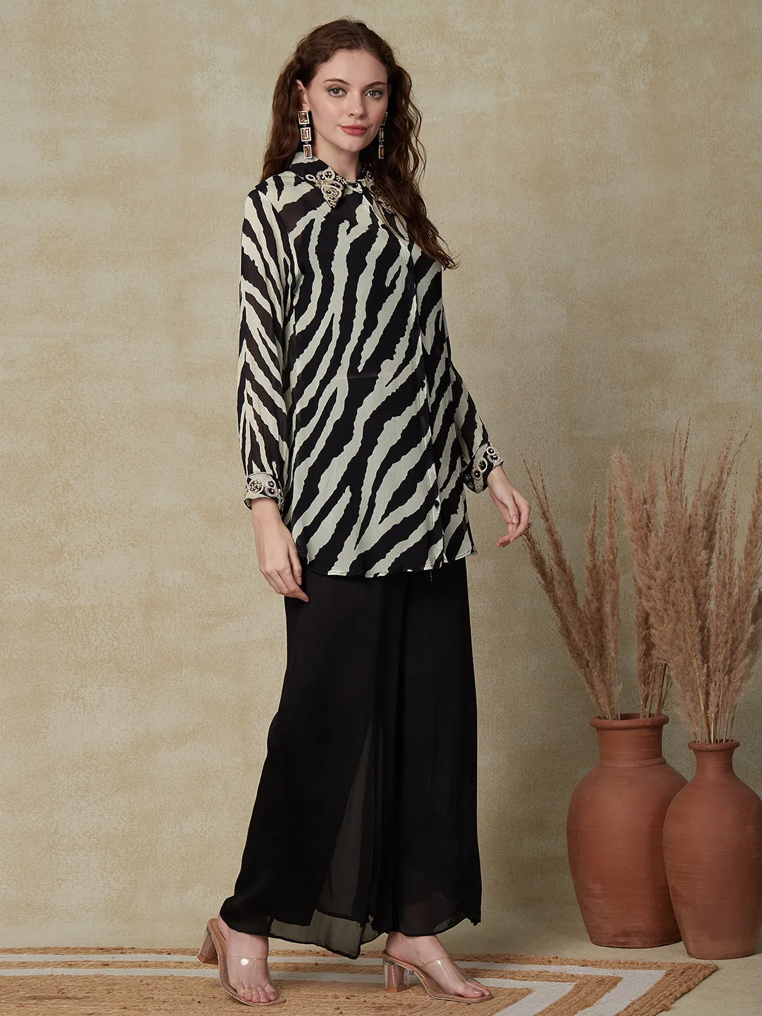 Abstract Printed Stone & Beads Embroidered Shirt with Inner & Palazzo - Black