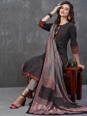 Abstract-Stripes Printed Mirror & Resham Embroidered Kurta with Pants & dupatta - Black