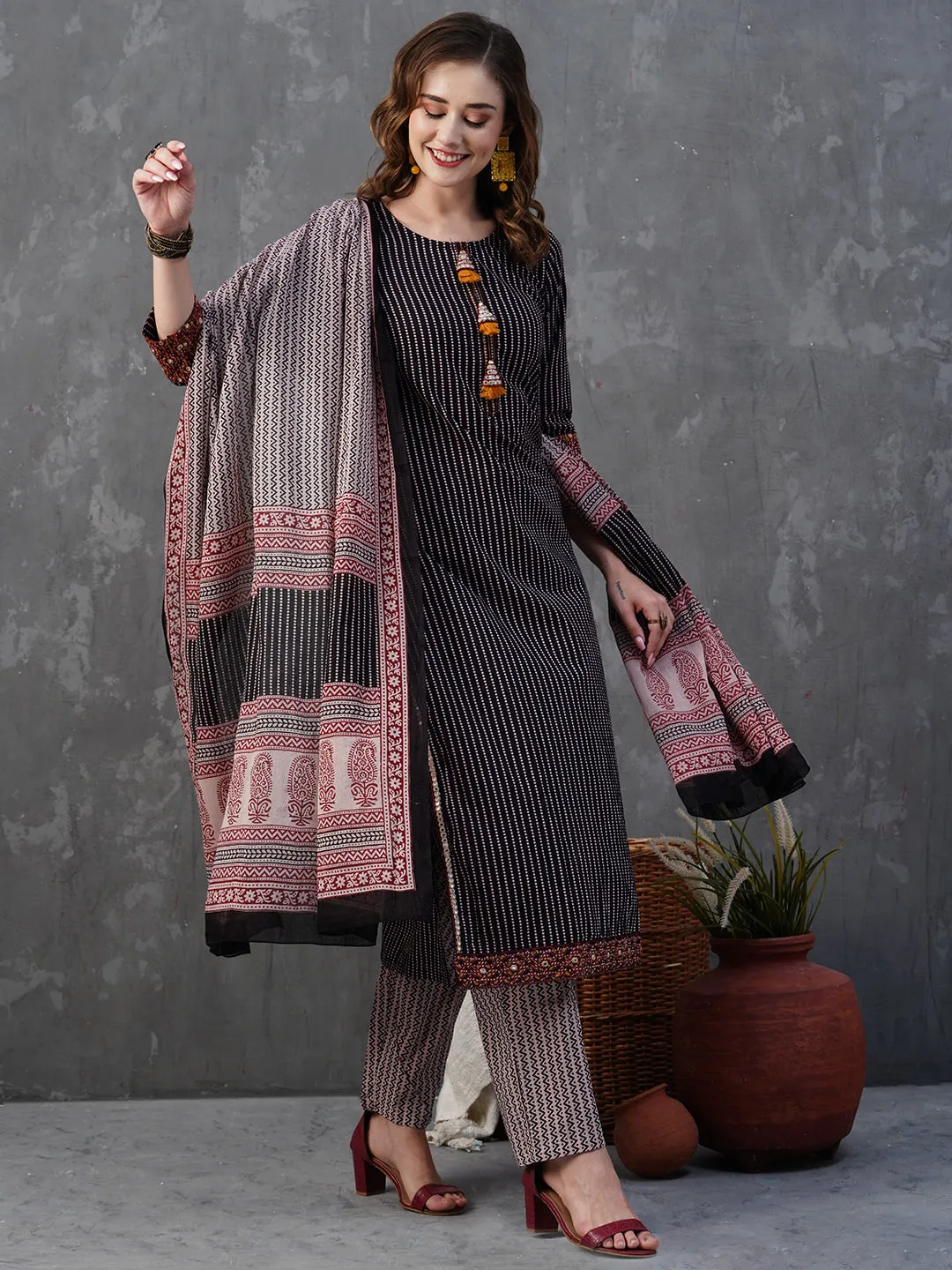 Abstract-Stripes Printed Mirror & Resham Embroidered Kurta with Pants & dupatta - Black