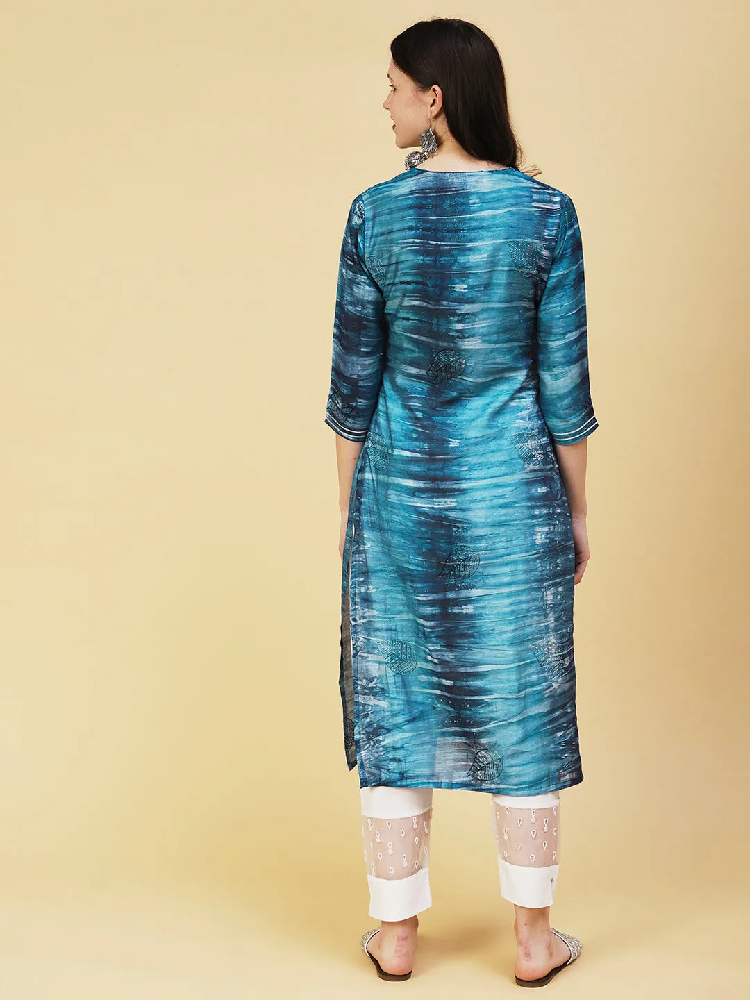 Abstract Stripes Printed Straight Fit Kurta - Teal