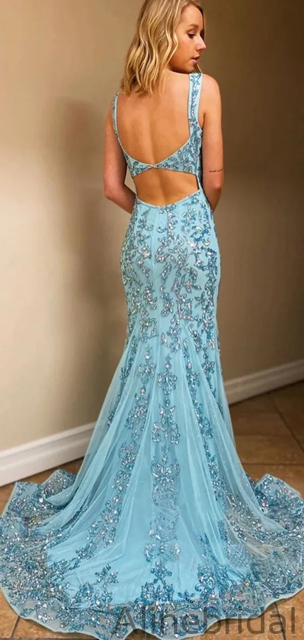 Appliqued Mermaid Backless Pageant Formal Prom Dresses PD1041