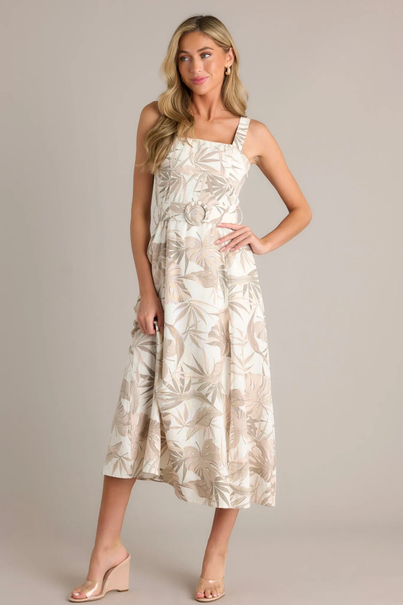 As You Know Tan Tropical Print Belted Midi Dress