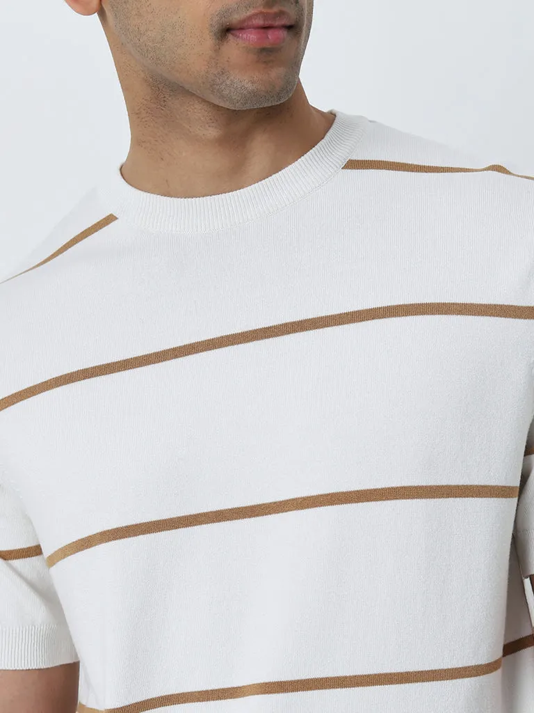 Ascot Beige Stripe Printed Relaxed-Fit Knitted T-Shirt