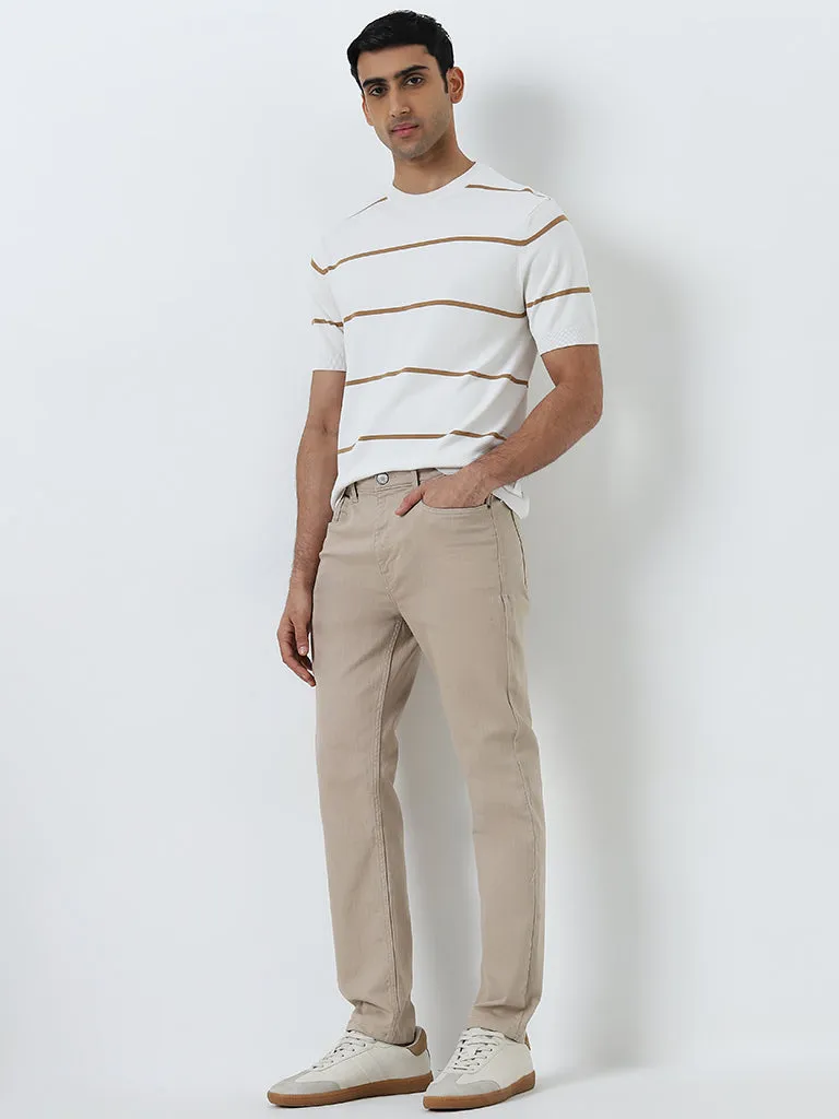 Ascot Beige Stripe Printed Relaxed-Fit Knitted T-Shirt