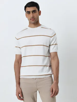 Ascot Beige Stripe Printed Relaxed-Fit Knitted T-Shirt