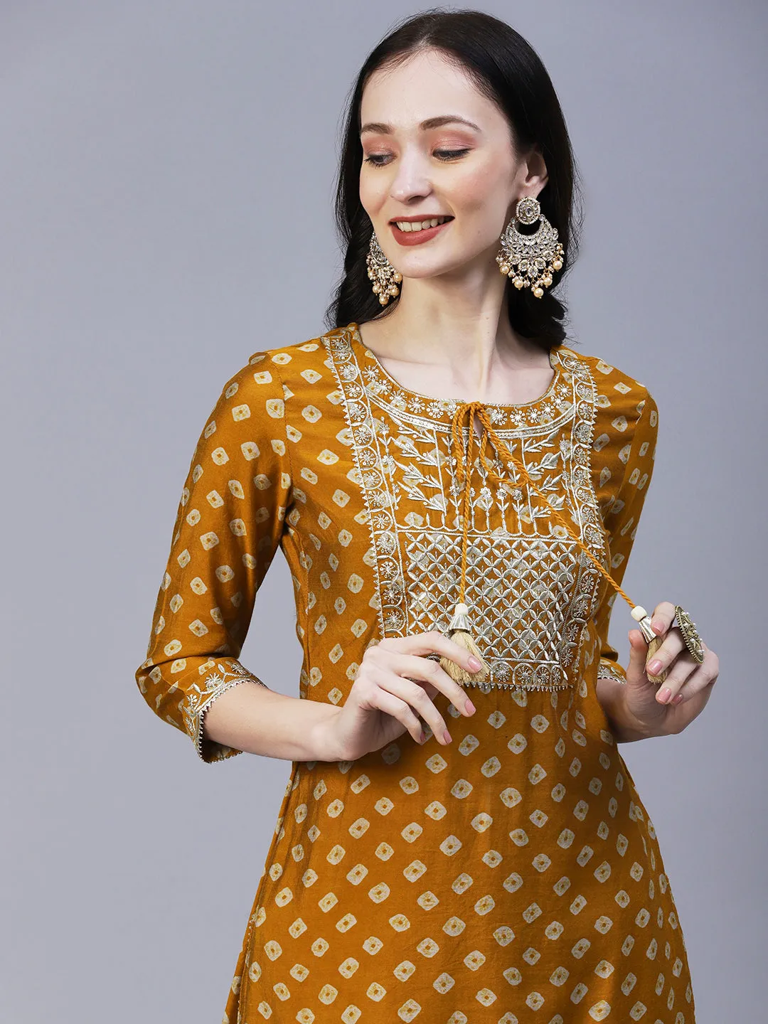 Bandhani Printed & Embroidered Straight Fit Kurta - Mustard