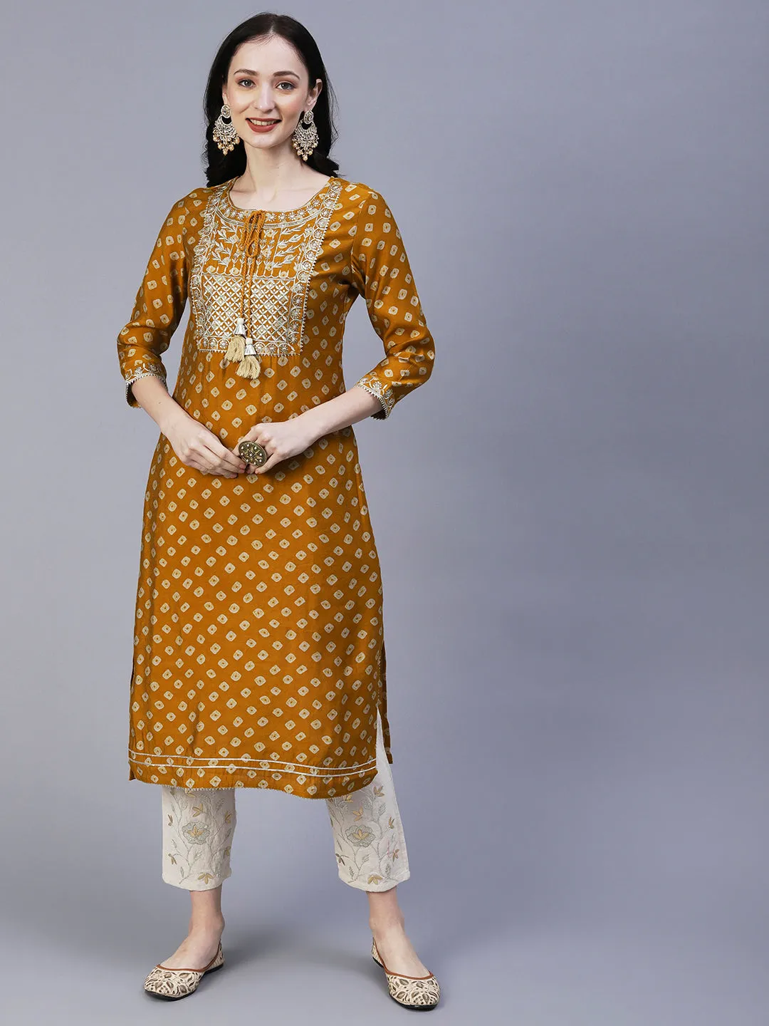 Bandhani Printed & Embroidered Straight Fit Kurta - Mustard