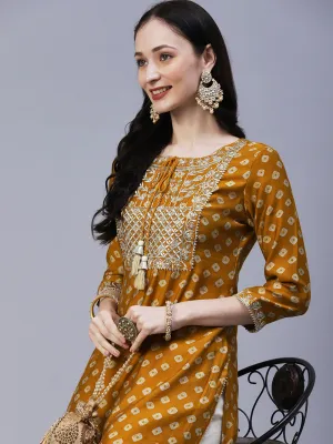 Bandhani Printed & Embroidered Straight Fit Kurta - Mustard