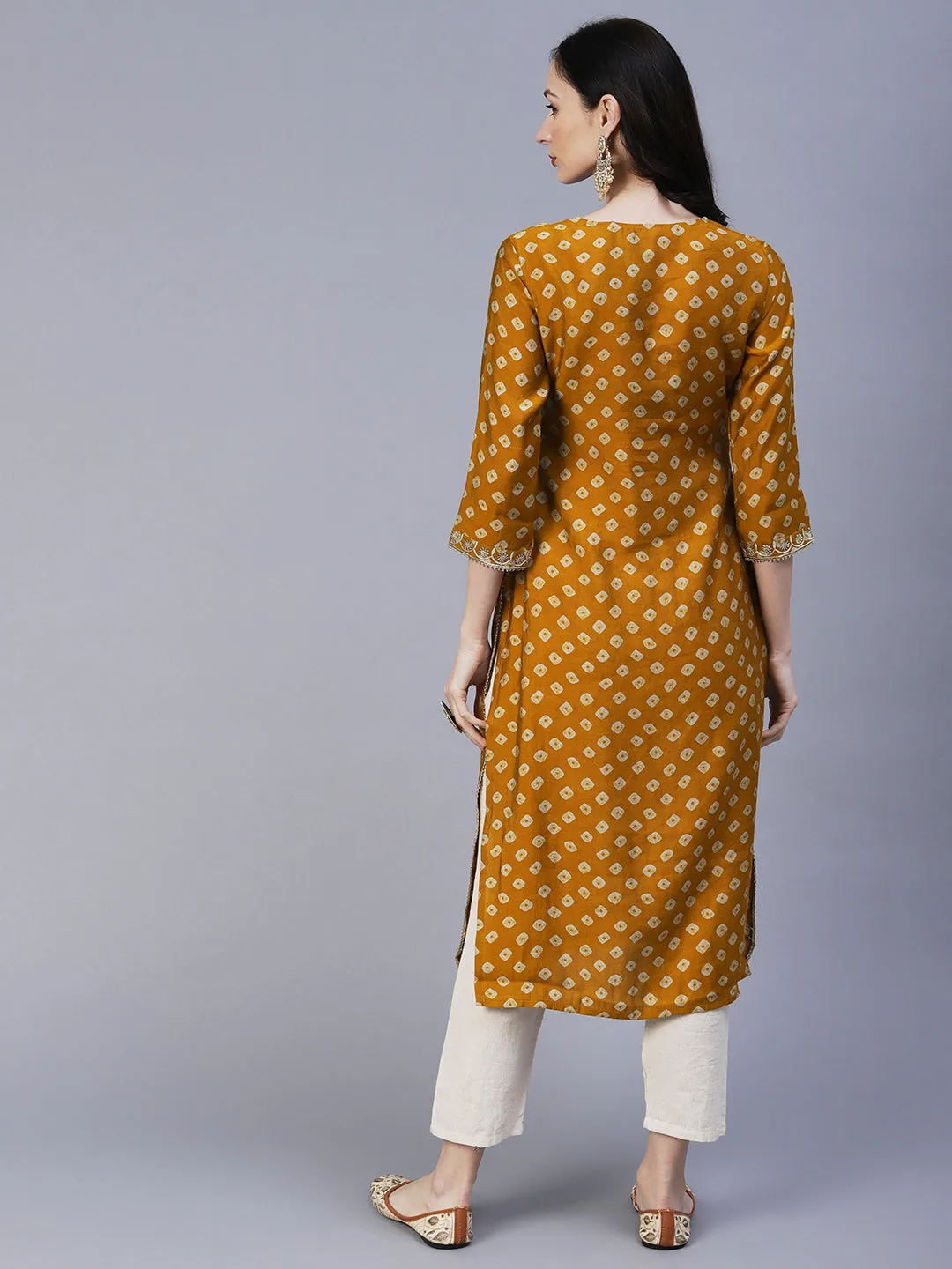 Bandhani Printed & Embroidered Straight Fit Kurta - Mustard