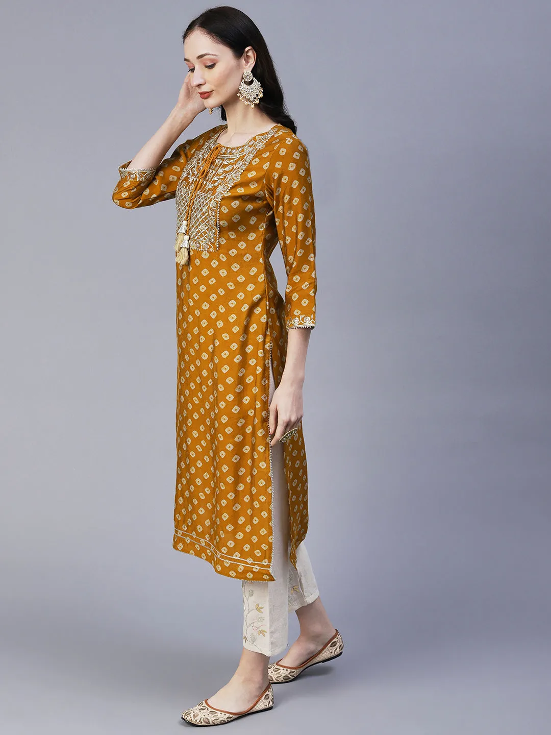 Bandhani Printed & Embroidered Straight Fit Kurta - Mustard