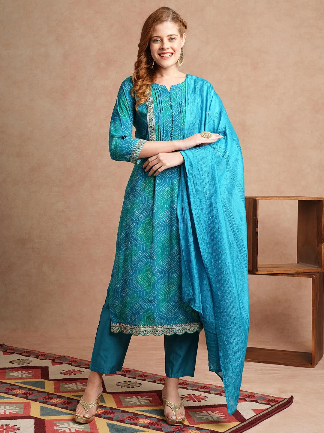 Bandhani Printed & Embroidered Straight Kurta with Pant & Dupatta - Turquoise Blue