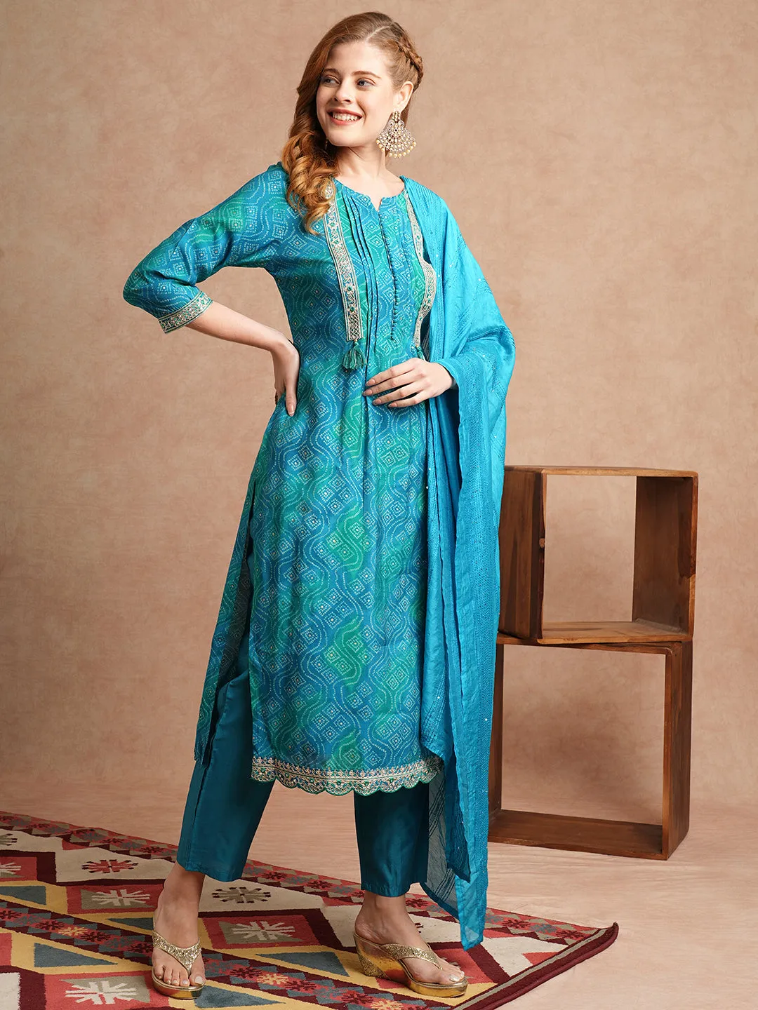 Bandhani Printed & Embroidered Straight Kurta with Pant & Dupatta - Turquoise Blue