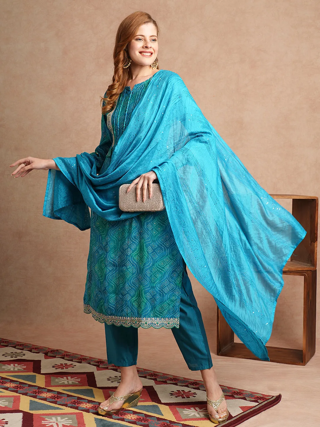 Bandhani Printed & Embroidered Straight Kurta with Pant & Dupatta - Turquoise Blue