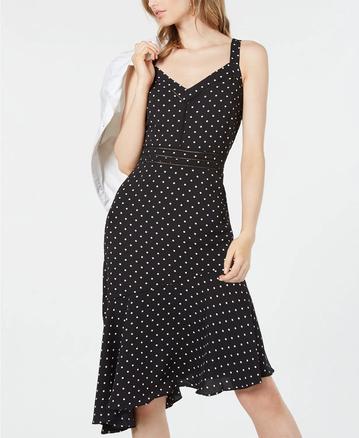 Bar III Women's Polka-Dot Asymmetric-Hem Fit Dress, Sky Dream, 10