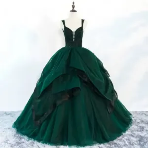 Beautiful Dark Green Prom Dresses Ball Gown Beading Ruffles Spaghetti Straps Backless Sleeveless Floor-Length Long Formal Dresses