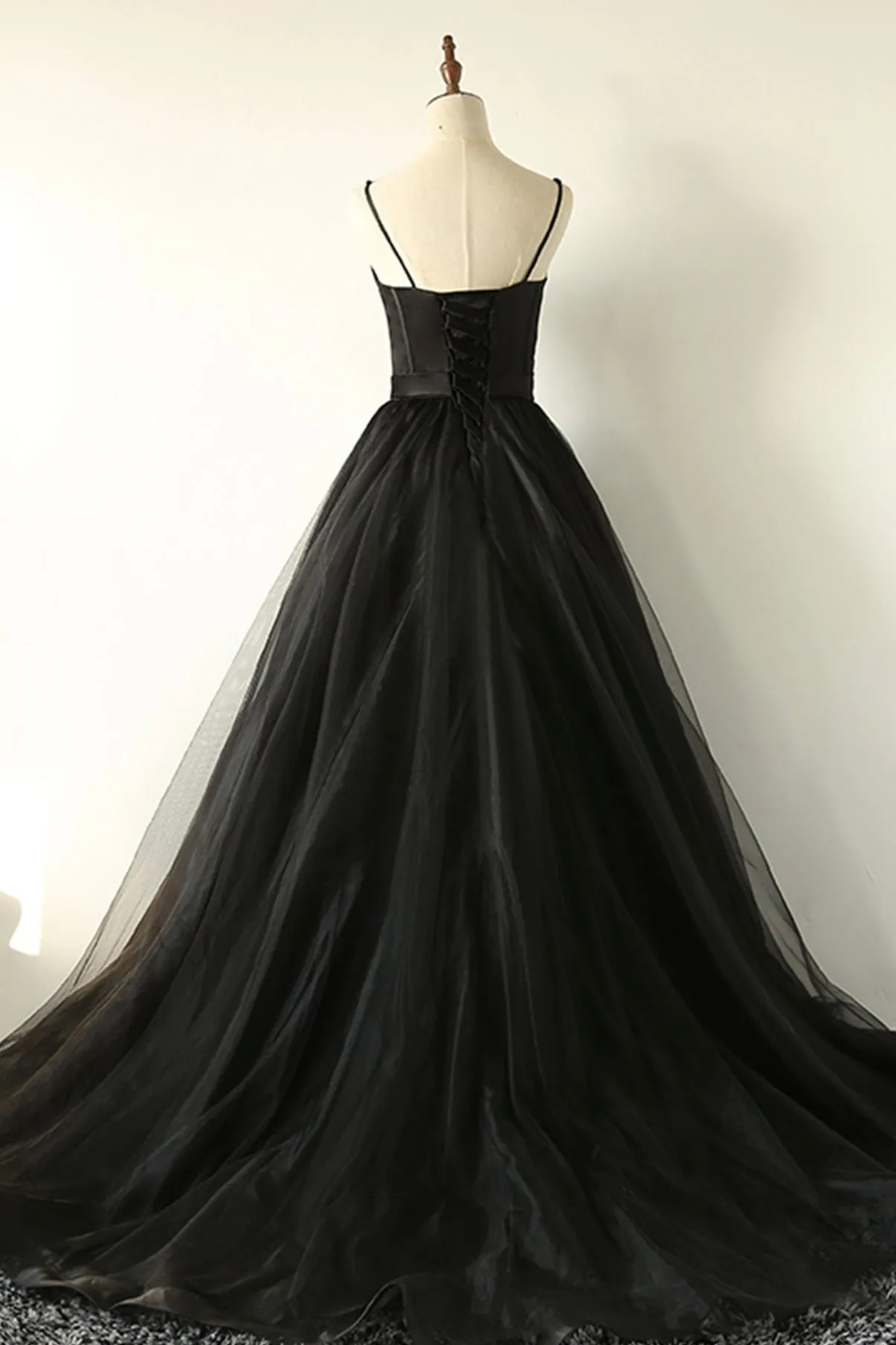 Black A-Line Spaghetti Strap Long Prom Dresses Black Evening Dresses