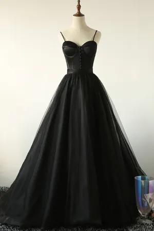 Black A-Line Spaghetti Strap Long Prom Dresses Black Evening Dresses