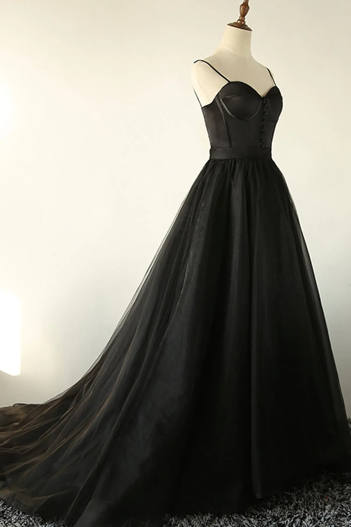 Black A-Line Spaghetti Strap Long Prom Dresses Black Evening Dresses