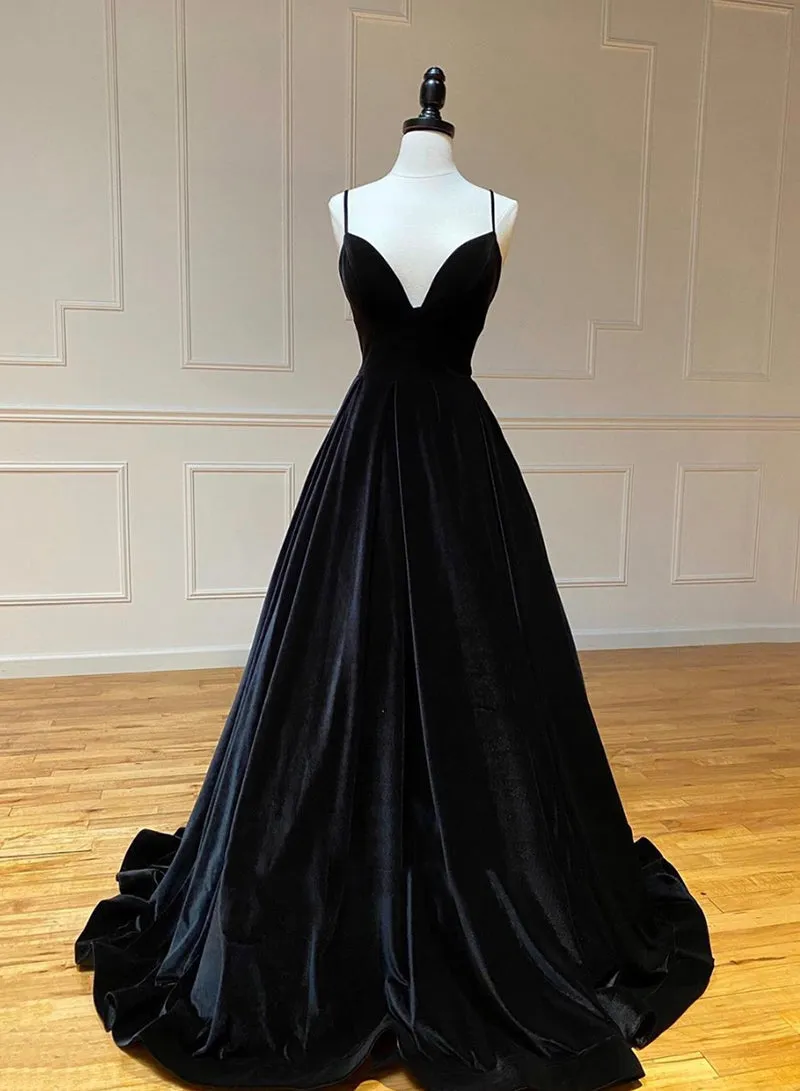 Black A-Line Velvet Long Prom Dresses Black Evening Dresses