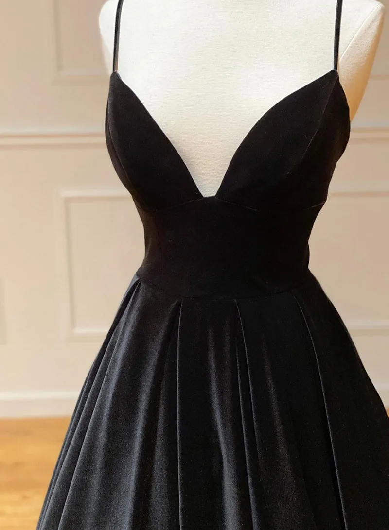 Black A-Line Velvet Long Prom Dresses Black Evening Dresses