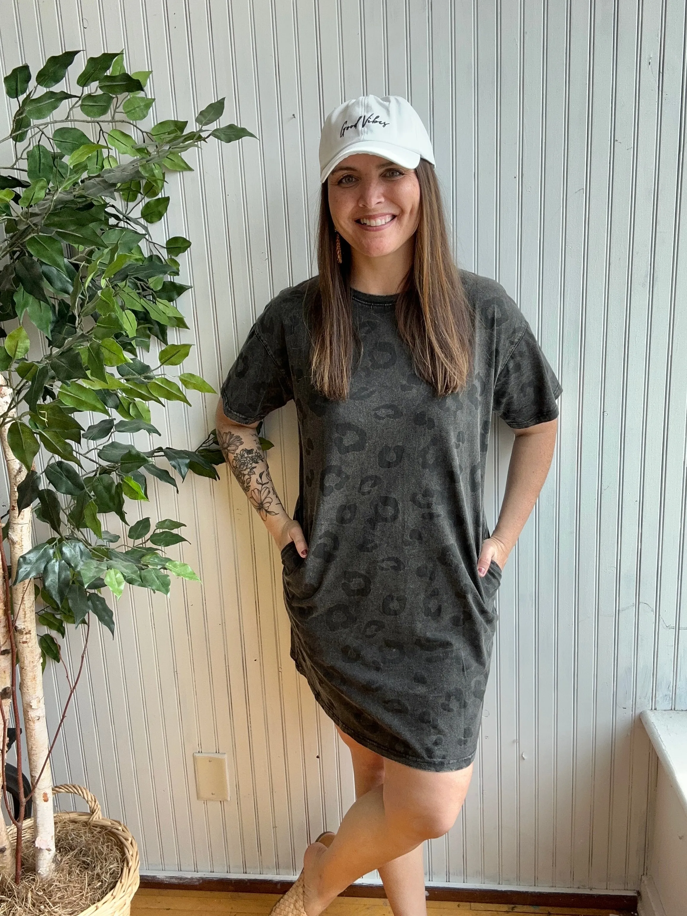 Black & Charcoal Short Sleeve Casual Leopard Dress