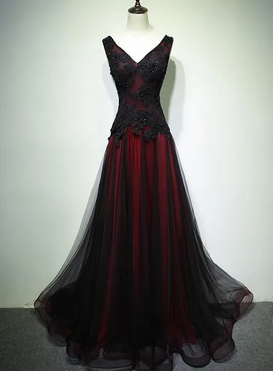 Black and Tulle V-neckline Beaded Lace Long Party Dress, A-line Prom Dress Evening Dresss KS7009