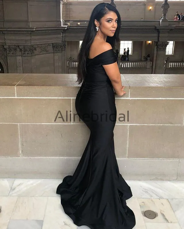 Black Jersey Mermaid Off Shoulder Simple Long Bridesmaid Dresses, AB4046