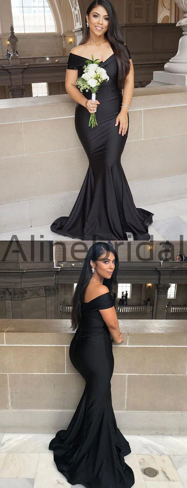 Black Jersey Mermaid Off Shoulder Simple Long Bridesmaid Dresses, AB4046