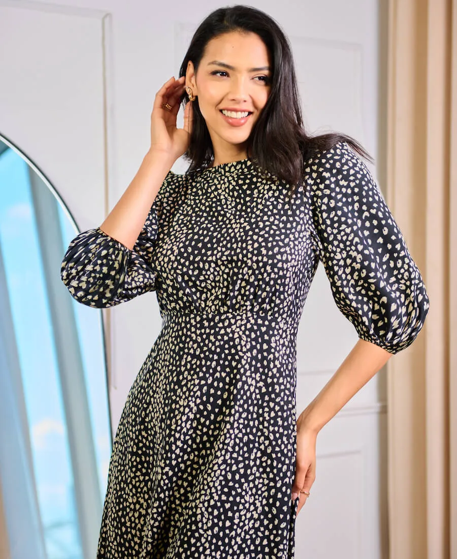 Black Spotty 3/4 Sleeve Midi Dress