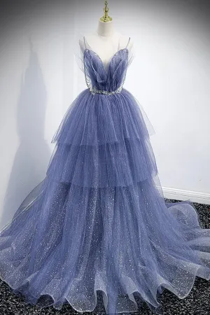 Blue Layers Tulle Long Prom Dresses A-Line Spaghetti Straps Evening Dresses