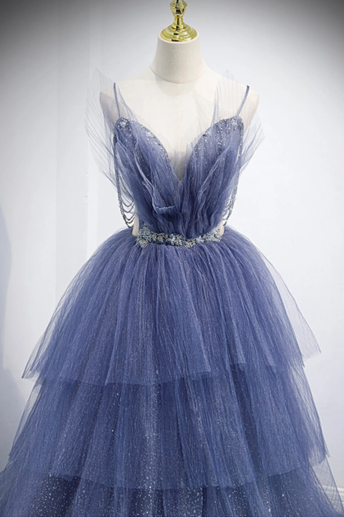 Blue Layers Tulle Long Prom Dresses A-Line Spaghetti Straps Evening Dresses