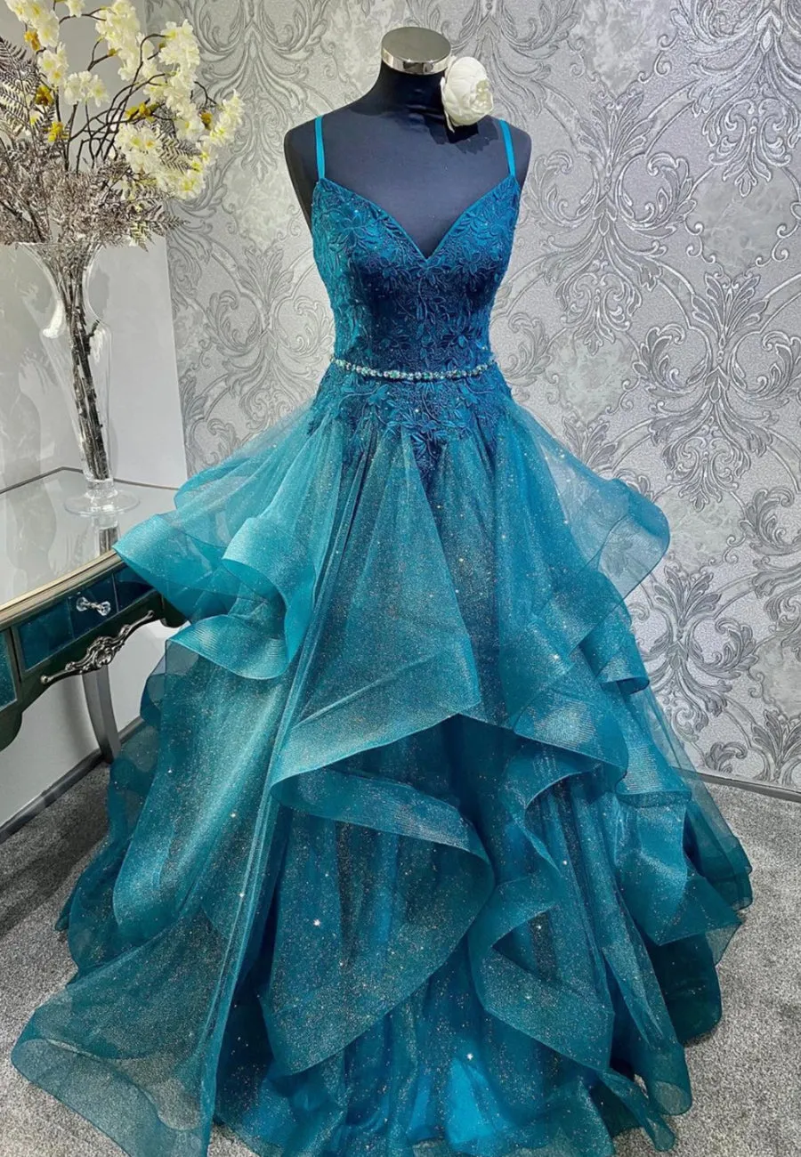 Blue Tulle Lace Long Prom Dresses A-Line Spaghetti Straps Evening Dresses