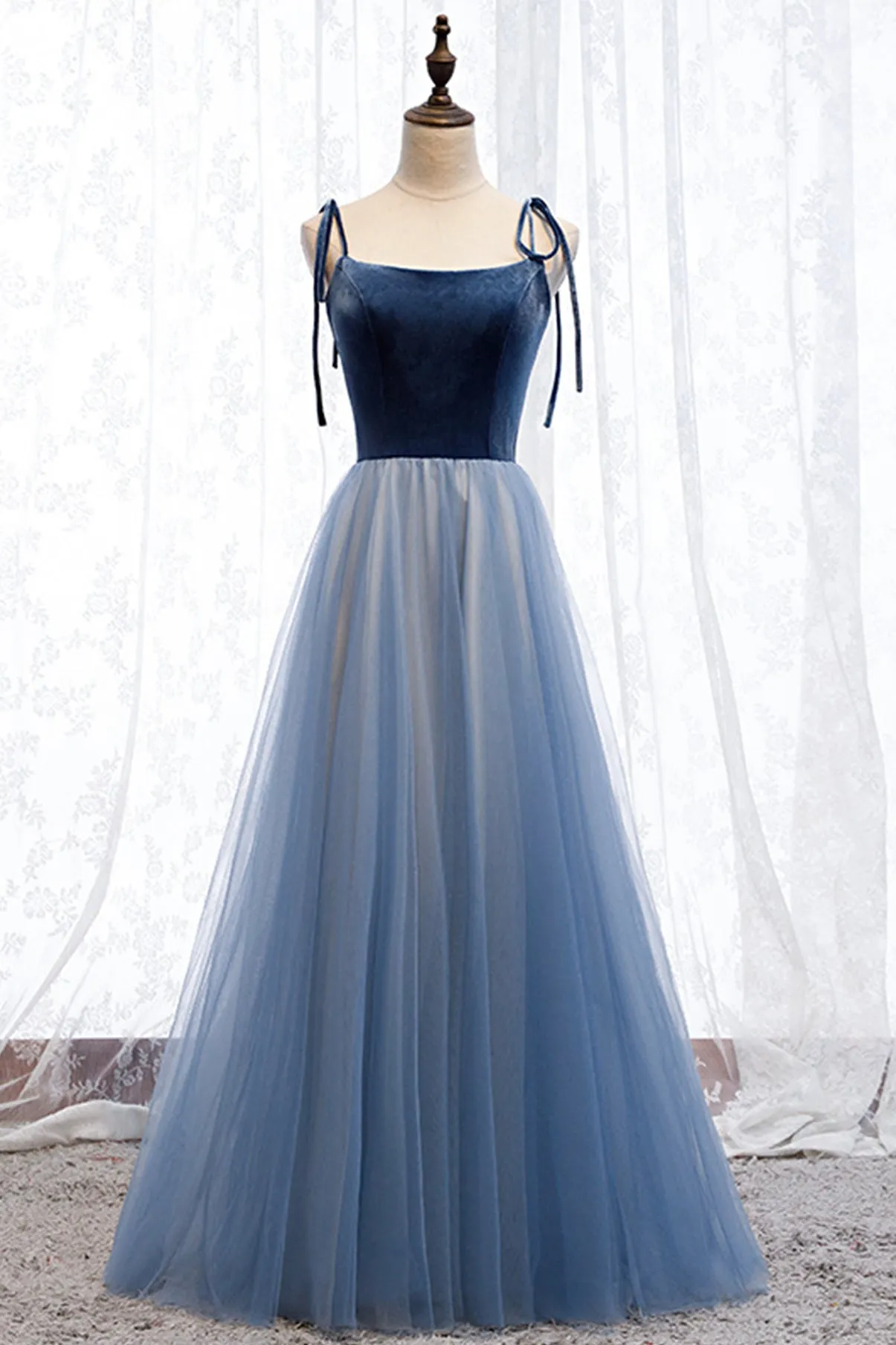 Blue Velvet Tulle Long Prom Dresses A-Line Evening Dresses