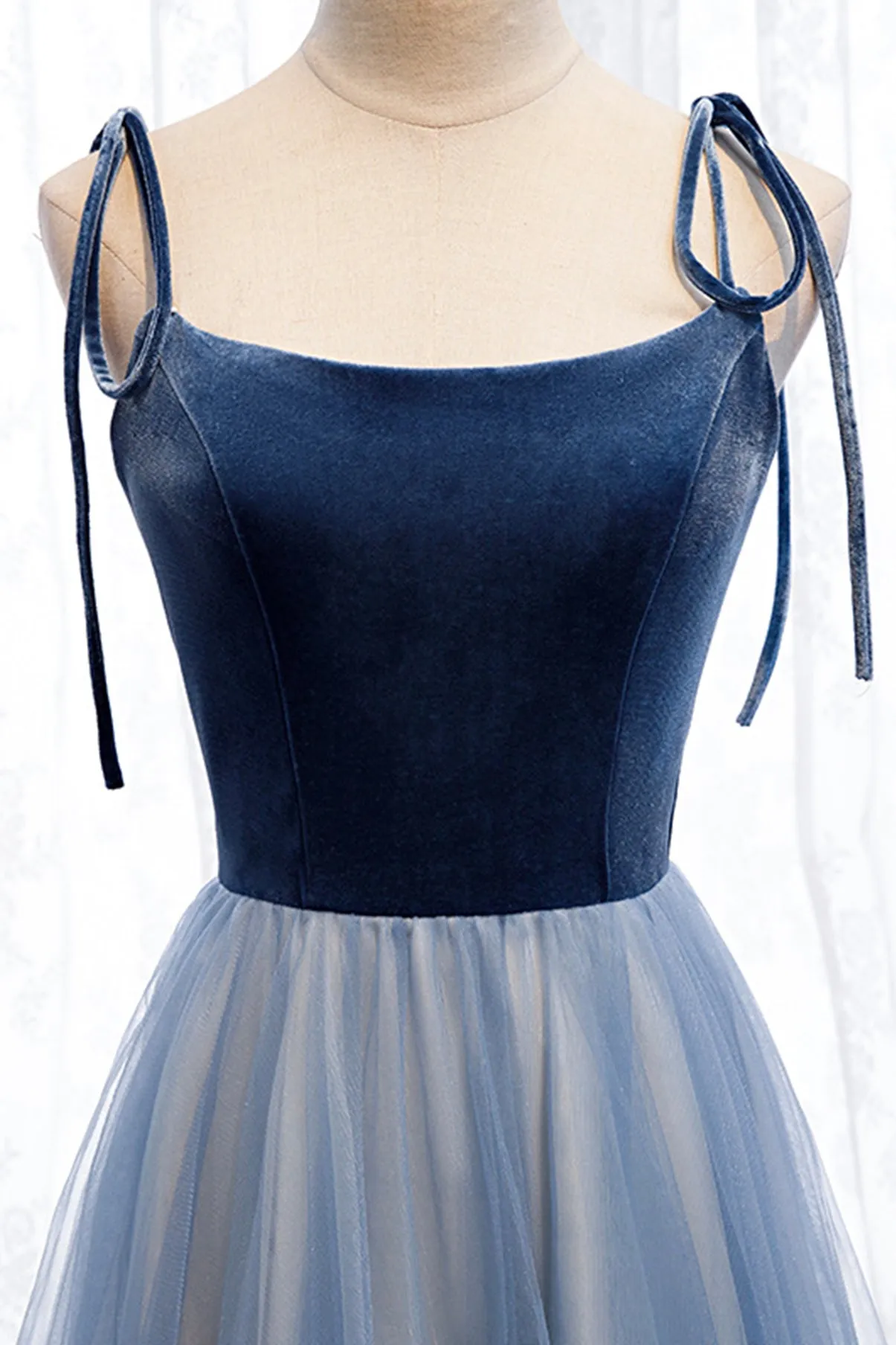 Blue Velvet Tulle Long Prom Dresses A-Line Evening Dresses