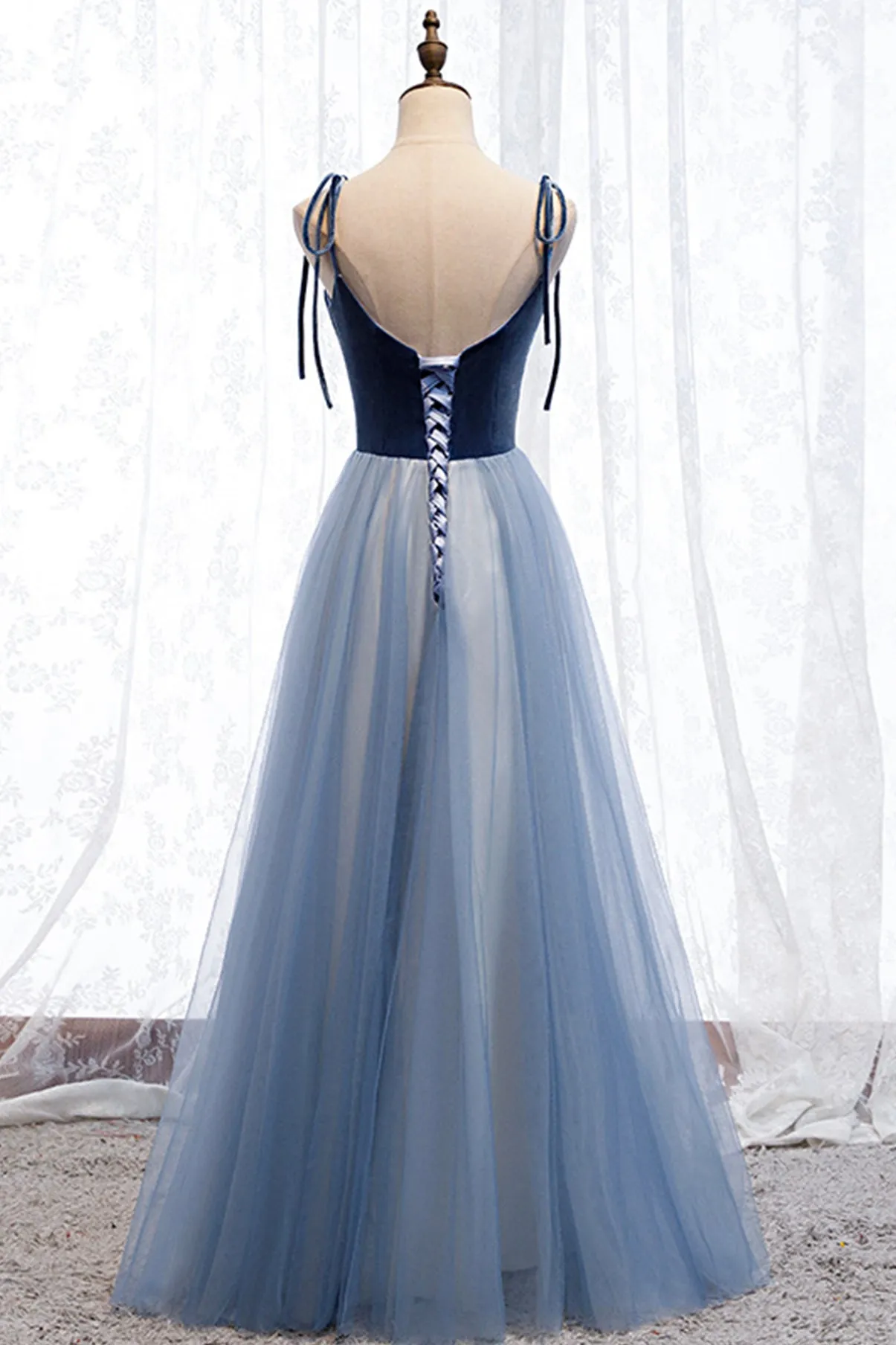 Blue Velvet Tulle Long Prom Dresses A-Line Evening Dresses