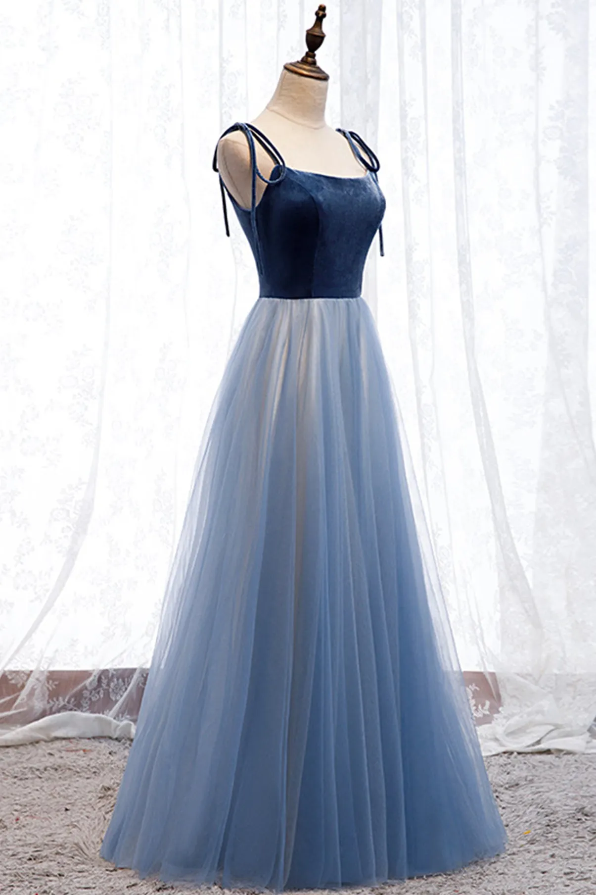 Blue Velvet Tulle Long Prom Dresses A-Line Evening Dresses