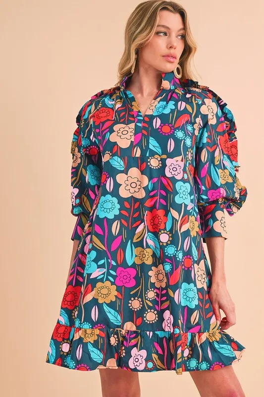 Bold Moves - Floral Print Puff Sleeve Ruffled Mini Dress