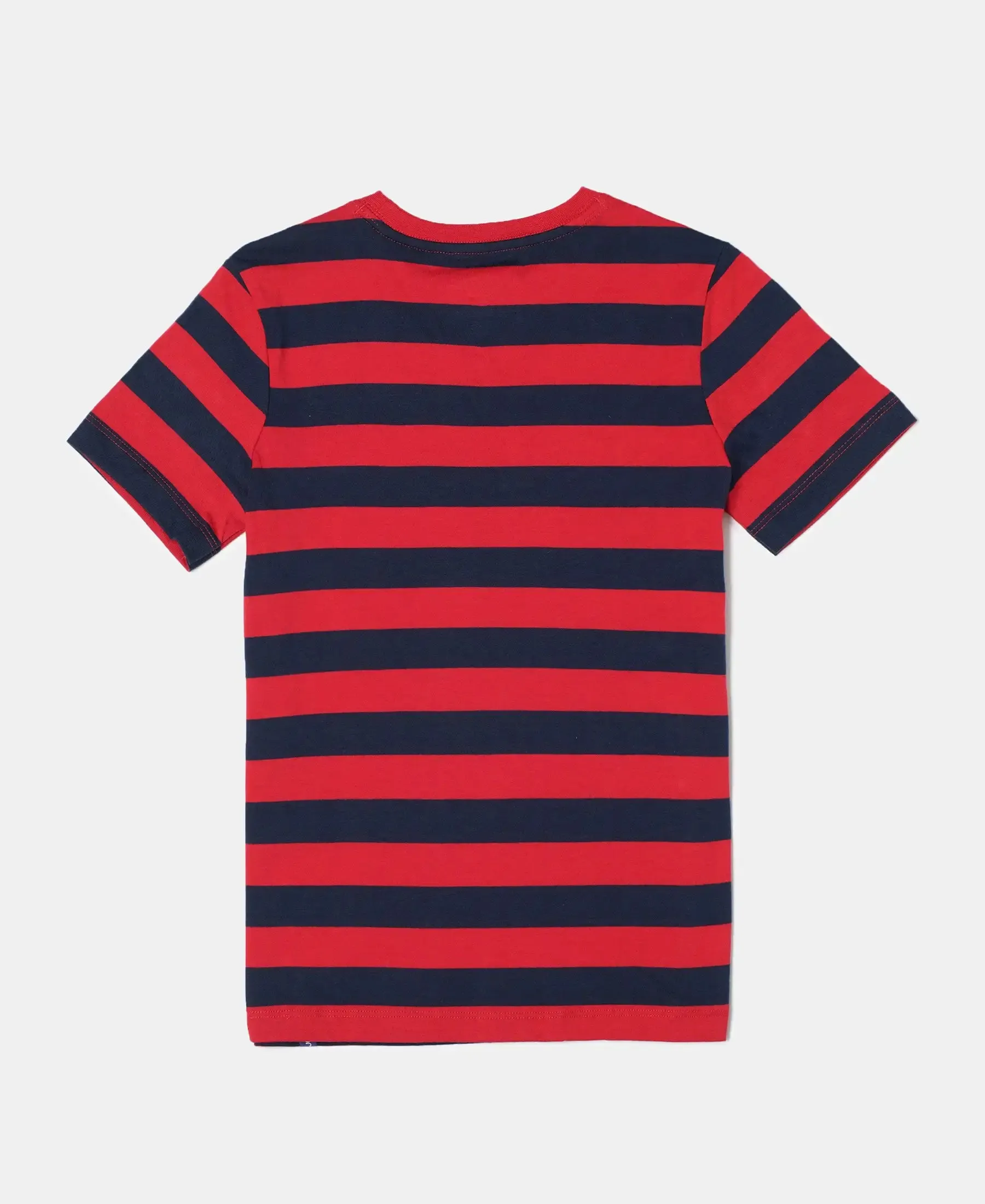 Boy's Super Combed Cotton Striped Half Sleeve T-Shirt - Wordly Red & Navy