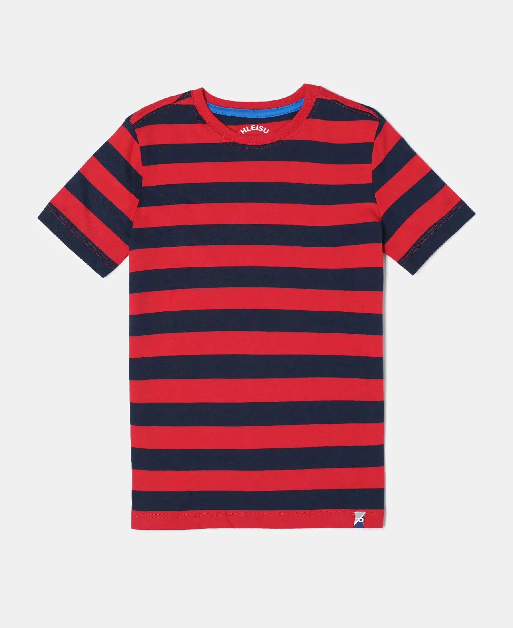 Boy's Super Combed Cotton Striped Half Sleeve T-Shirt - Wordly Red & Navy