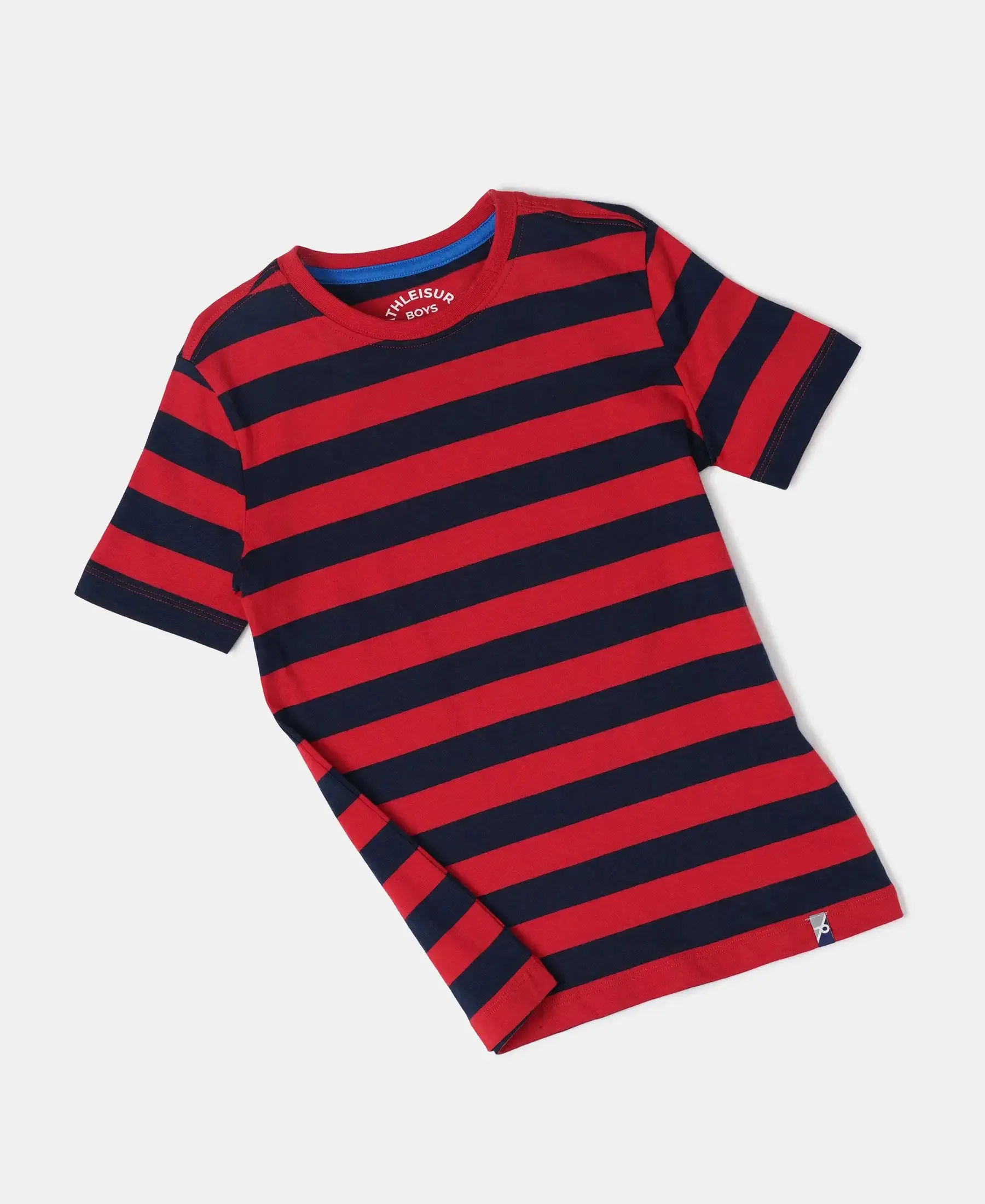 Boy's Super Combed Cotton Striped Half Sleeve T-Shirt - Wordly Red & Navy