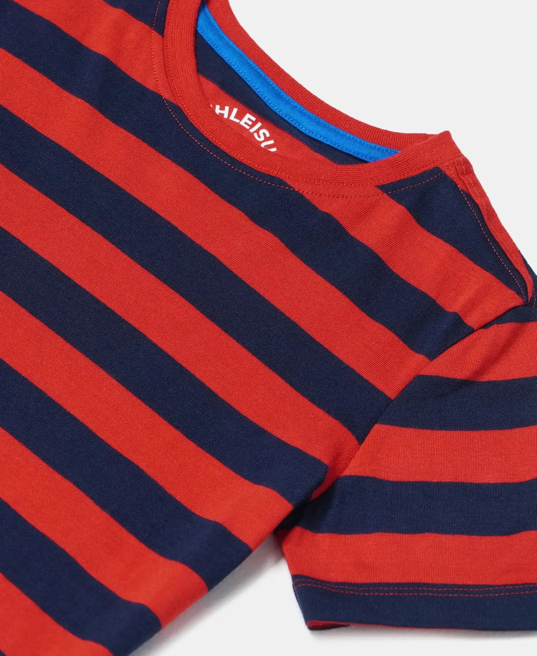 Boy's Super Combed Cotton Striped Half Sleeve T-Shirt - Wordly Red & Navy