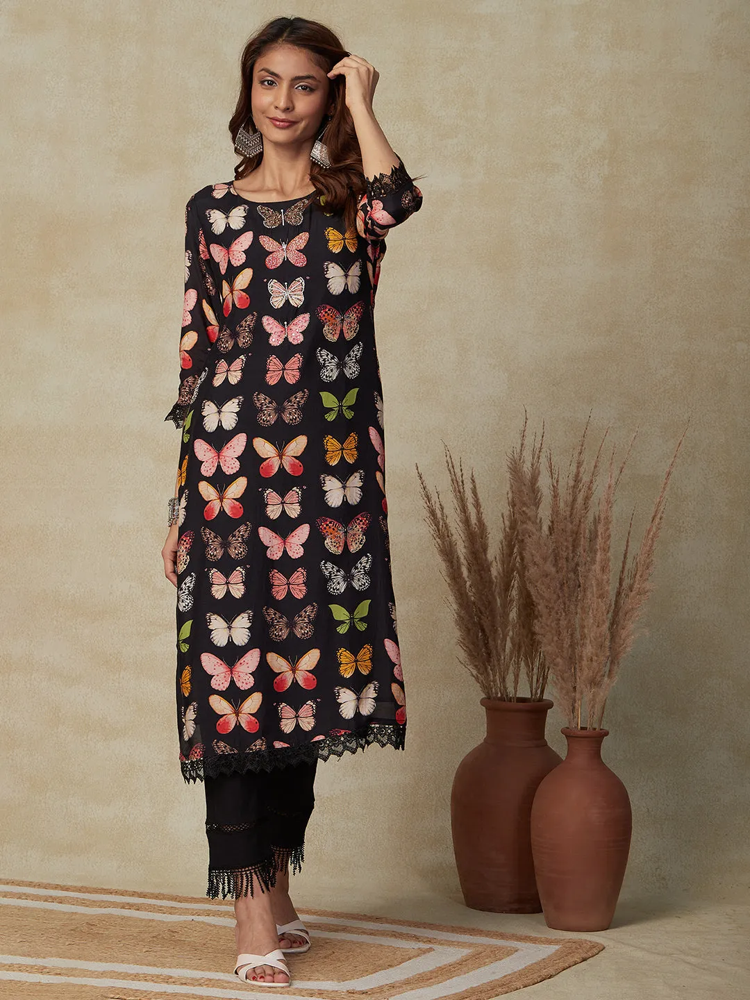 Butterfly Printed Cutdana, Beads & Mirror Embroidered Kurta with Polka Dotted Dupatta - Black